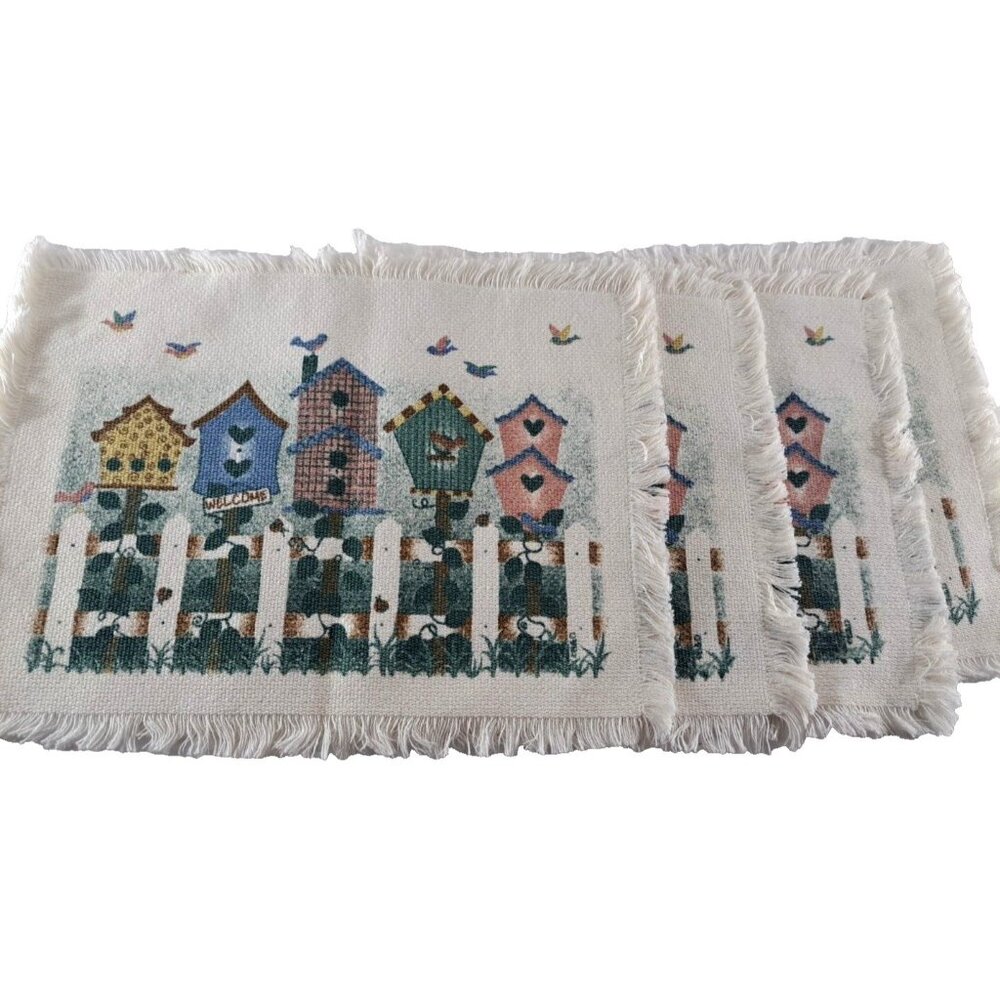 Vintage Blue Bird House Placemats Tapestry Knit Set Of 4 White Fringe 17x13